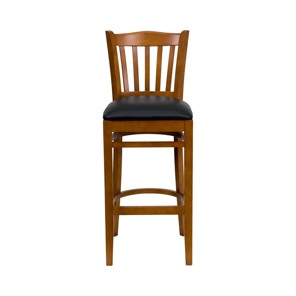 Vertical Slat Back Cherry Wood Restaurant Barstool - Black Vinyl Seat