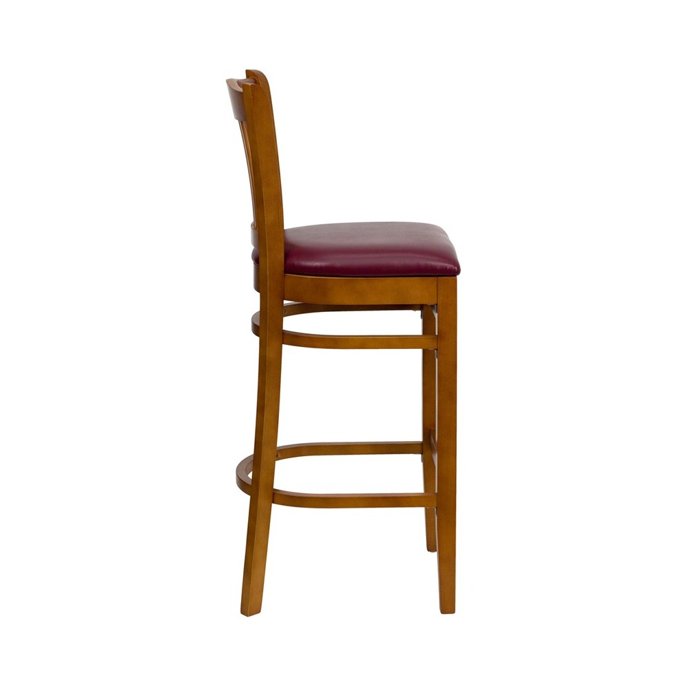 Vertical Slat Back Cherry Wood Restaurant Barstool - Burgundy Vinyl Seat