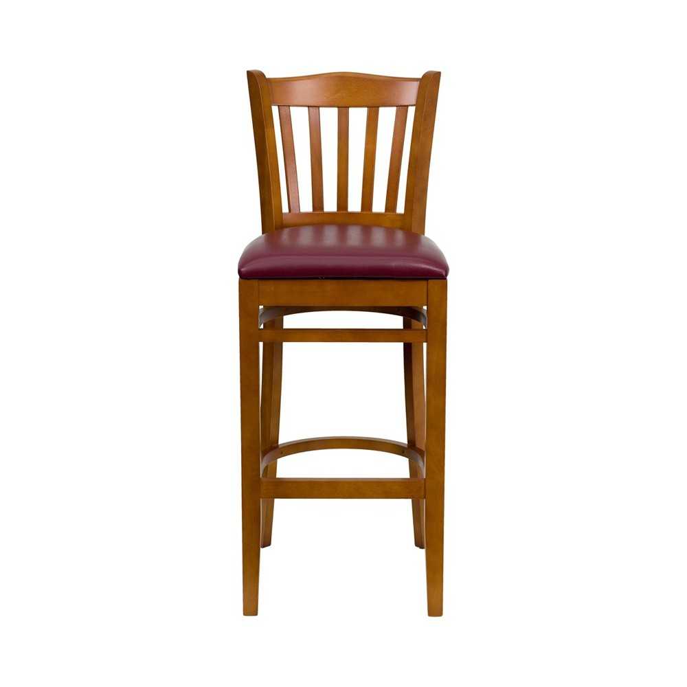 Vertical Slat Back Cherry Wood Restaurant Barstool - Burgundy Vinyl Seat