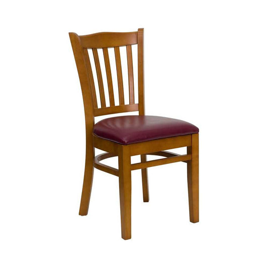Vertical Slat Back Cherry Wood Restaurant Chair - Burgundy Vinyl Seat