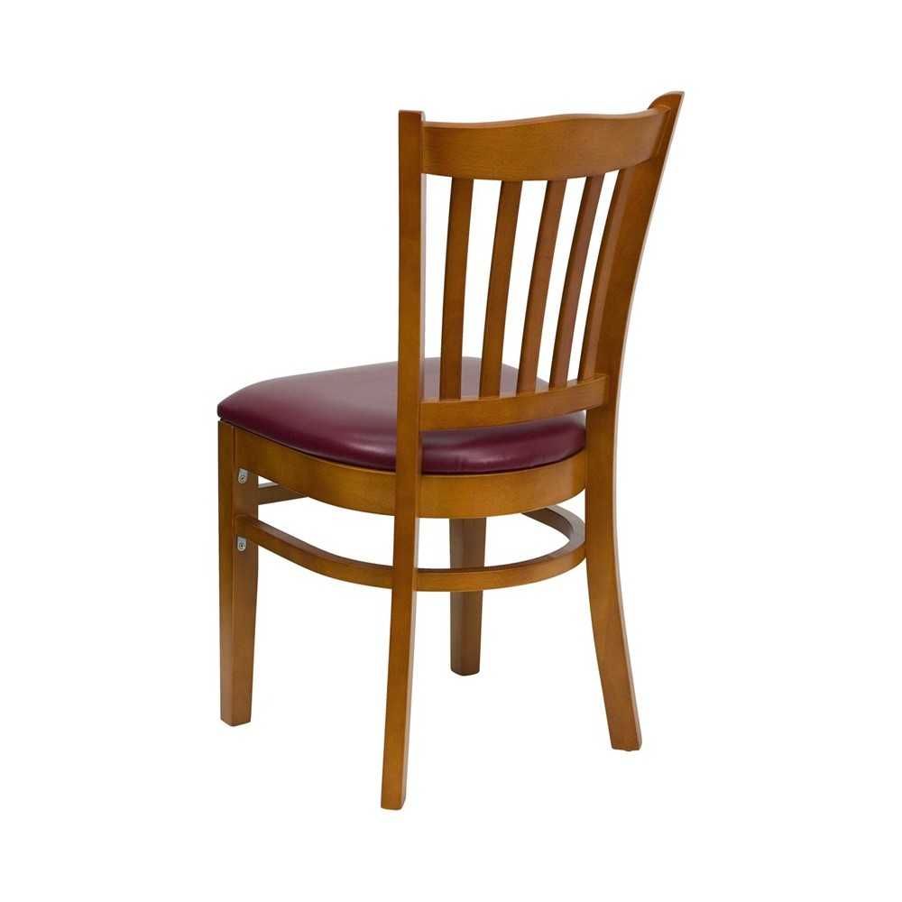 Vertical Slat Back Cherry Wood Restaurant Chair - Burgundy Vinyl Seat