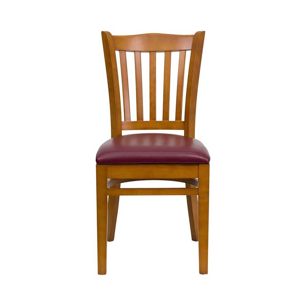 Vertical Slat Back Cherry Wood Restaurant Chair - Burgundy Vinyl Seat