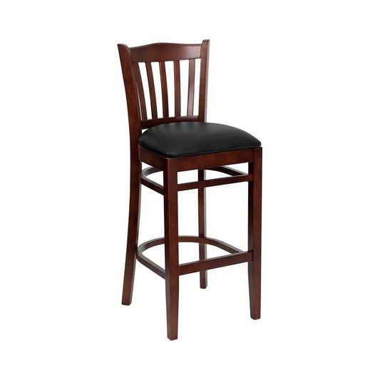 Vertical Slat Back Mahogany Wood Restaurant Barstool - Black Vinyl Seat