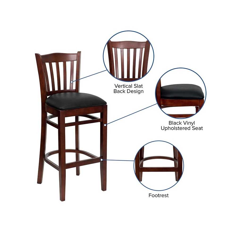 Vertical Slat Back Mahogany Wood Restaurant Barstool - Black Vinyl Seat