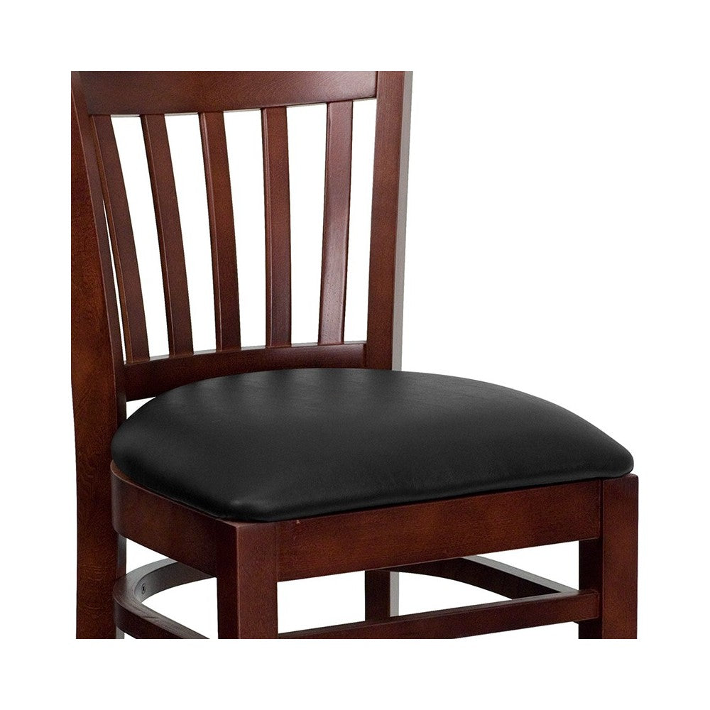 Vertical Slat Back Mahogany Wood Restaurant Barstool - Black Vinyl Seat