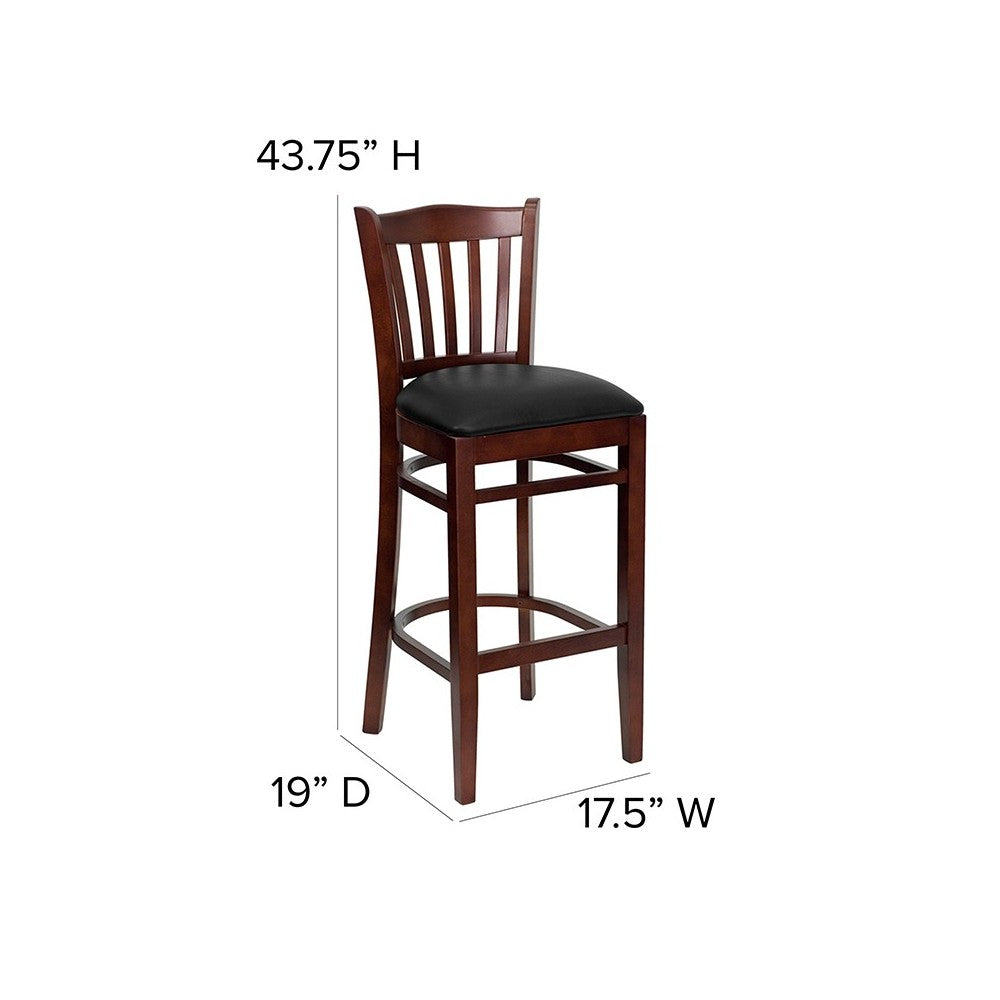 Vertical Slat Back Mahogany Wood Restaurant Barstool - Black Vinyl Seat