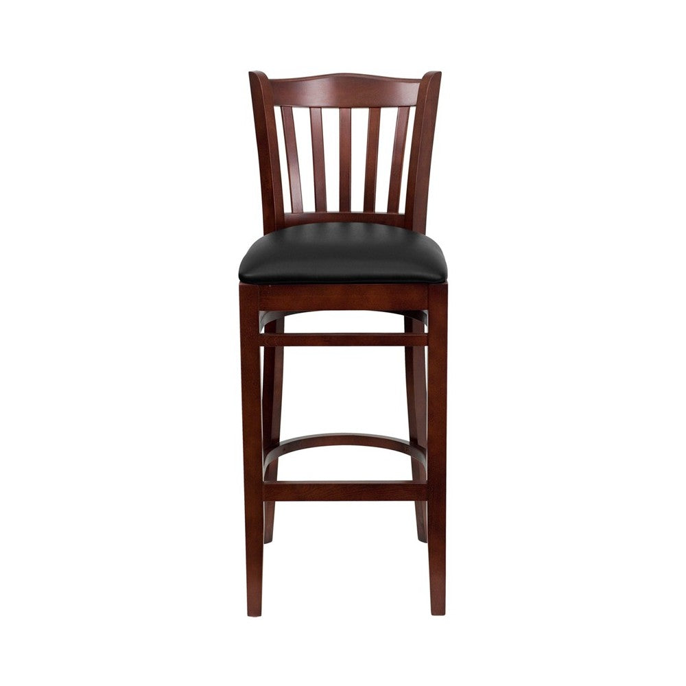 Vertical Slat Back Mahogany Wood Restaurant Barstool - Black Vinyl Seat