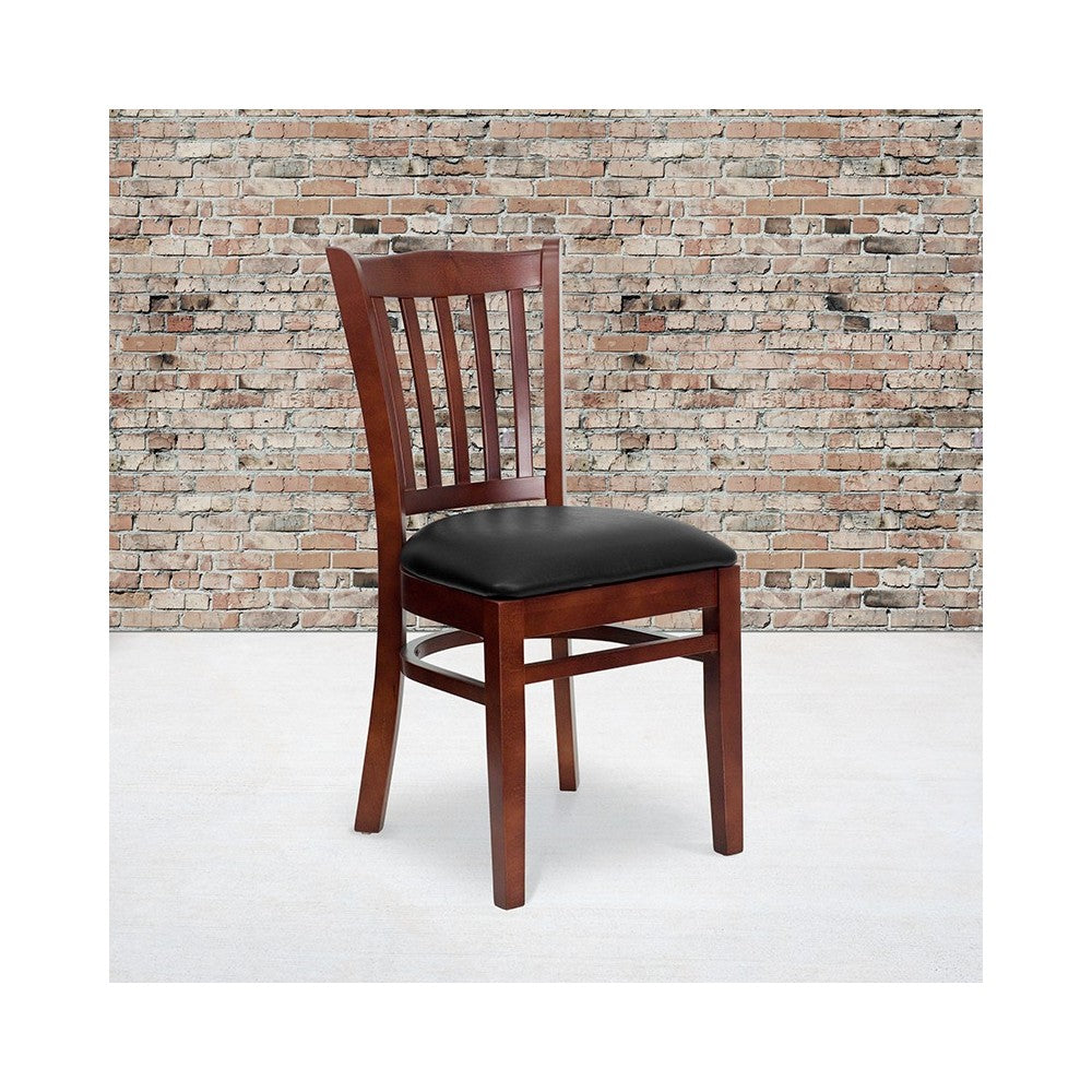 Vertical Slat Back Mahogany Wood Restaurant Chair - Black Vinyl Seat