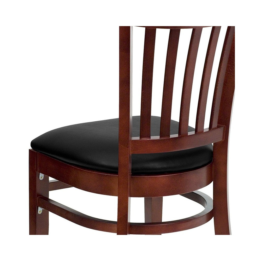 Vertical Slat Back Mahogany Wood Restaurant Chair - Black Vinyl Seat