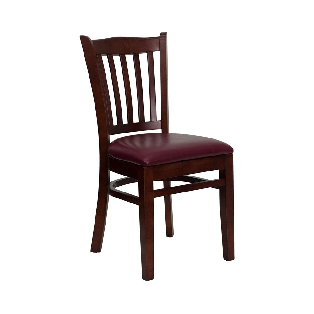 Vertical Slat Back Mahogany Wood Restaurant Chair - Burgundy Vinyl Seat