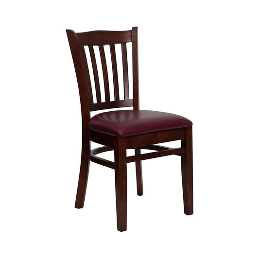 Vertical Slat Back Mahogany Wood Restaurant Chair - Burgundy Vinyl Seat