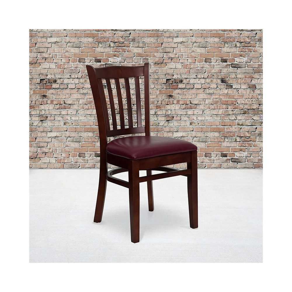 Vertical Slat Back Mahogany Wood Restaurant Chair - Burgundy Vinyl Seat