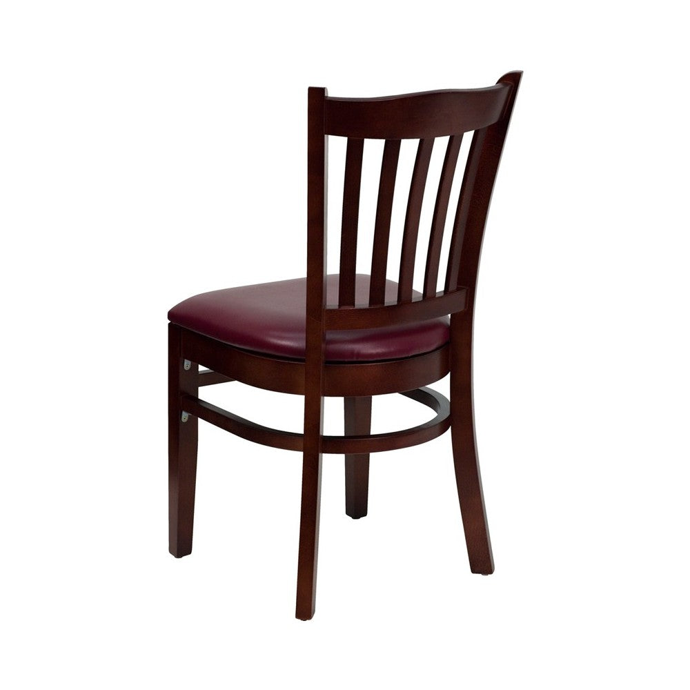 Vertical Slat Back Mahogany Wood Restaurant Chair - Burgundy Vinyl Seat
