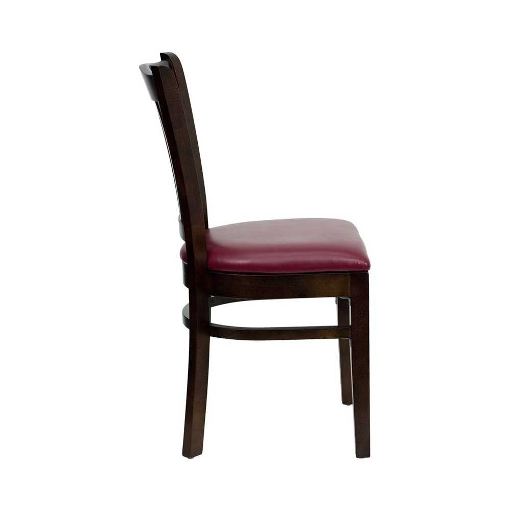 Vertical Slat Back Mahogany Wood Restaurant Chair - Burgundy Vinyl Seat