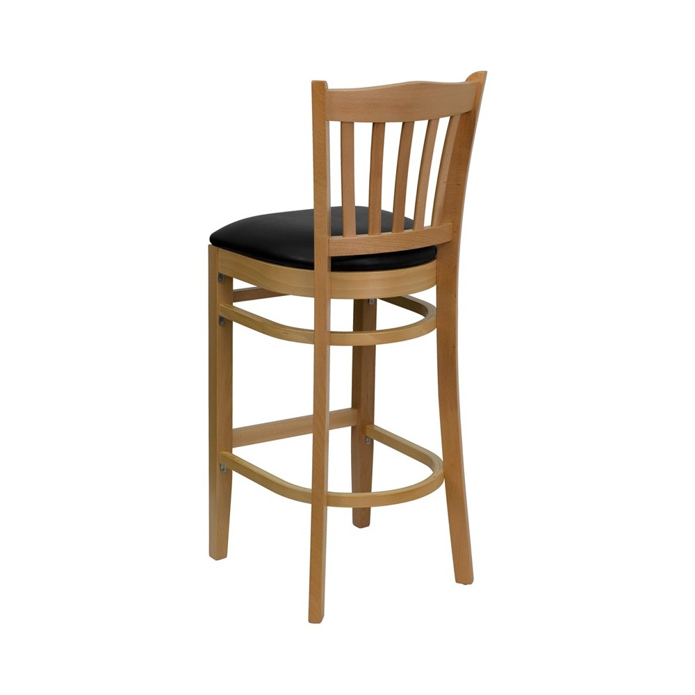 Vertical Slat Back Natural Wood Restaurant Barstool - Black Vinyl Seat
