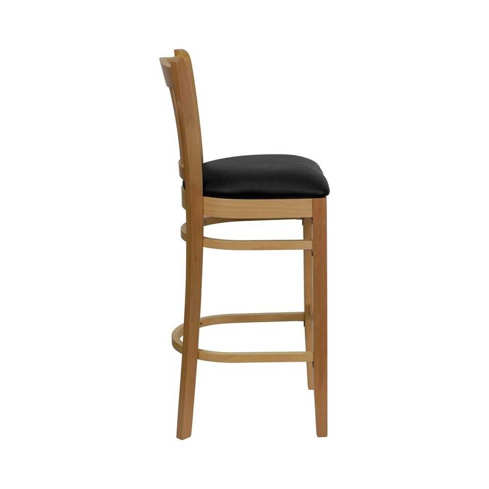 Vertical Slat Back Natural Wood Restaurant Barstool - Black Vinyl Seat