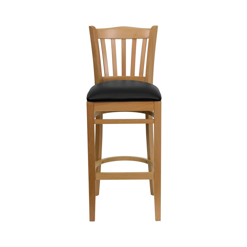Vertical Slat Back Natural Wood Restaurant Barstool - Black Vinyl Seat