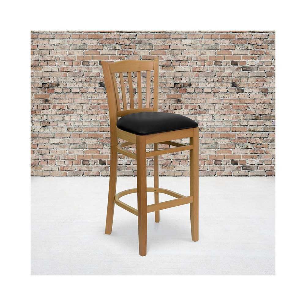 Vertical Slat Back Natural Wood Restaurant Barstool - Black Vinyl Seat