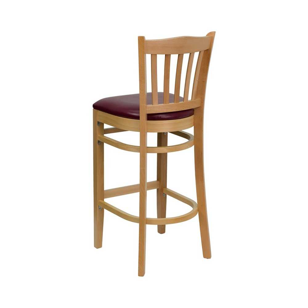 Vertical Slat Back Natural Wood Restaurant Barstool - Burgundy Vinyl Seat