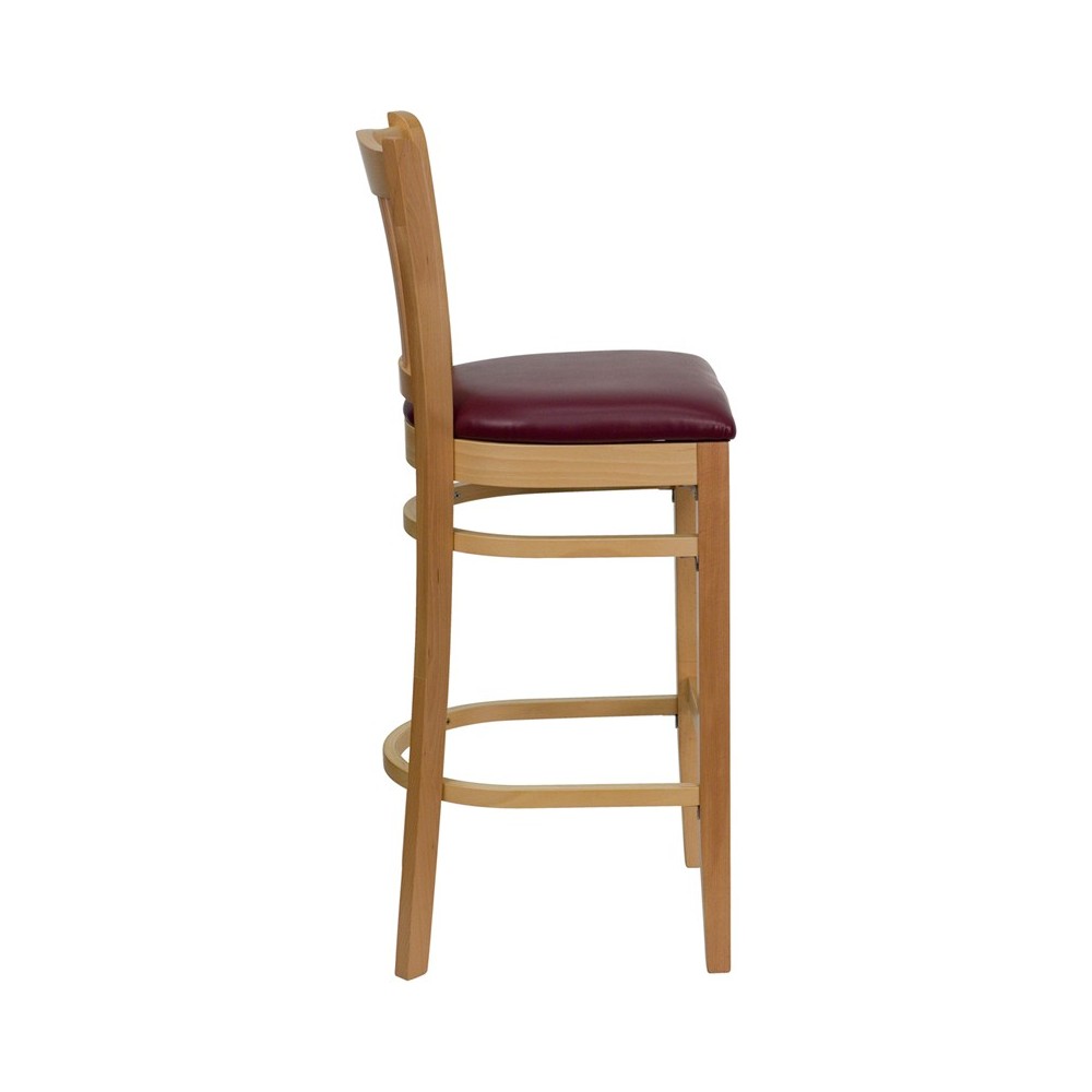 Vertical Slat Back Natural Wood Restaurant Barstool - Burgundy Vinyl Seat