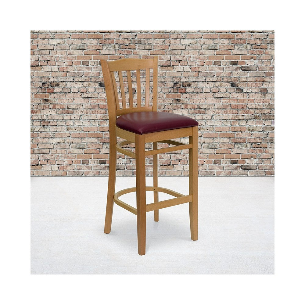 Vertical Slat Back Natural Wood Restaurant Barstool - Burgundy Vinyl Seat