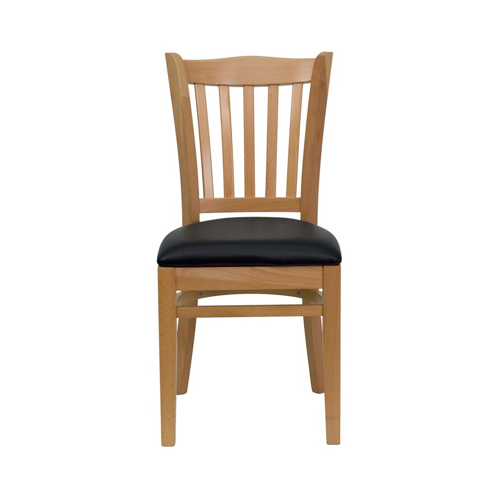 Vertical Slat Back Natural Wood Restaurant Chair - Black Vinyl Seat