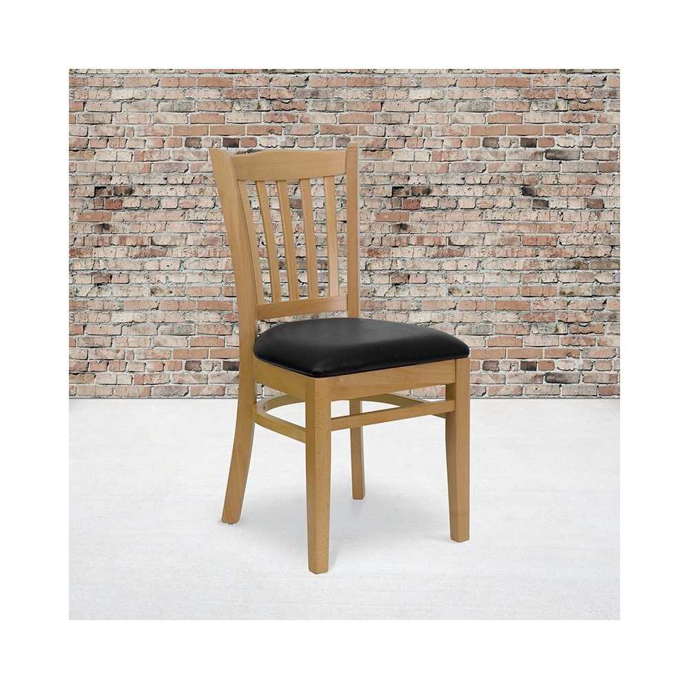 Vertical Slat Back Natural Wood Restaurant Chair - Black Vinyl Seat