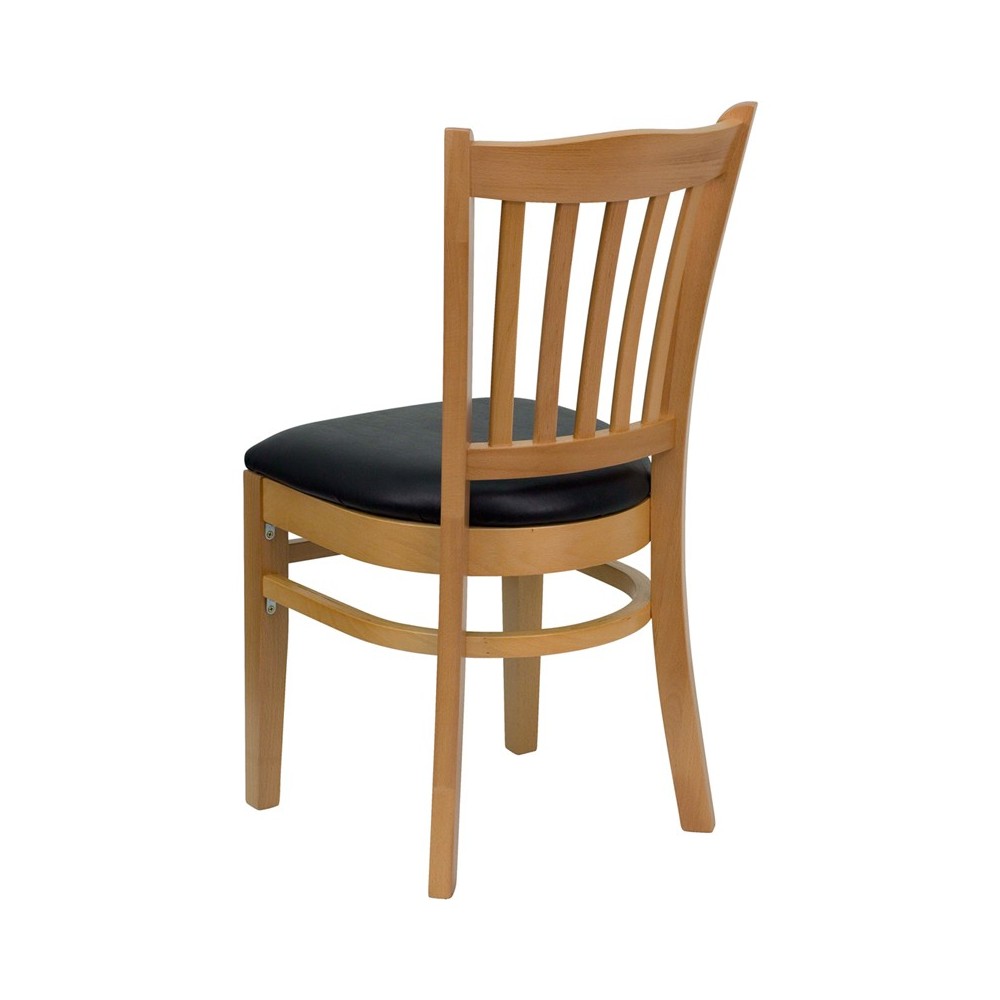 Vertical Slat Back Natural Wood Restaurant Chair - Black Vinyl Seat