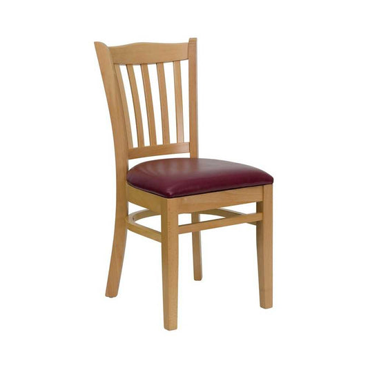 Vertical Slat Back Natural Wood Restaurant Chair - Burgundy Vinyl Seat