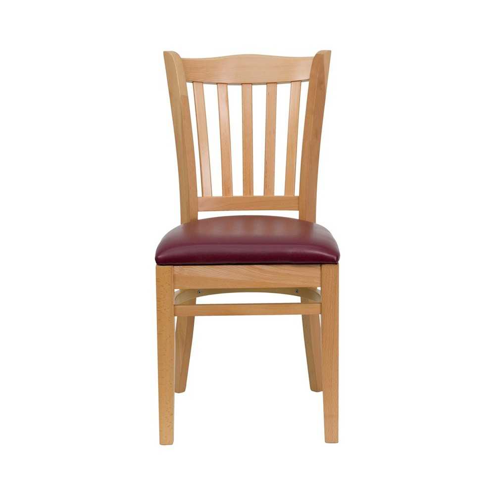 Vertical Slat Back Natural Wood Restaurant Chair - Burgundy Vinyl Seat