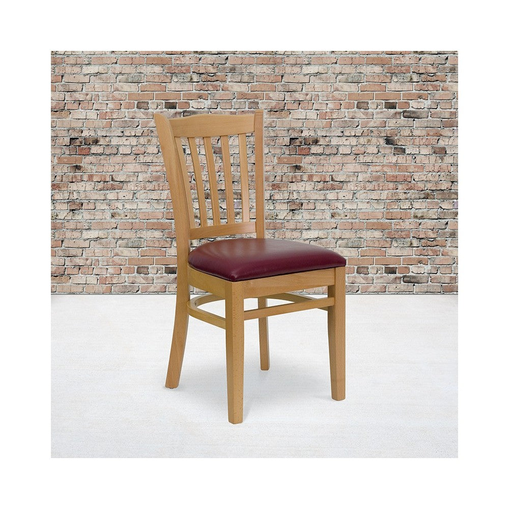 Vertical Slat Back Natural Wood Restaurant Chair - Burgundy Vinyl Seat