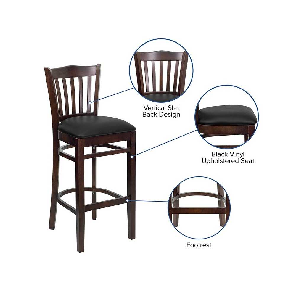 Vertical Slat Back Walnut Wood Restaurant Barstool - Black Vinyl Seat