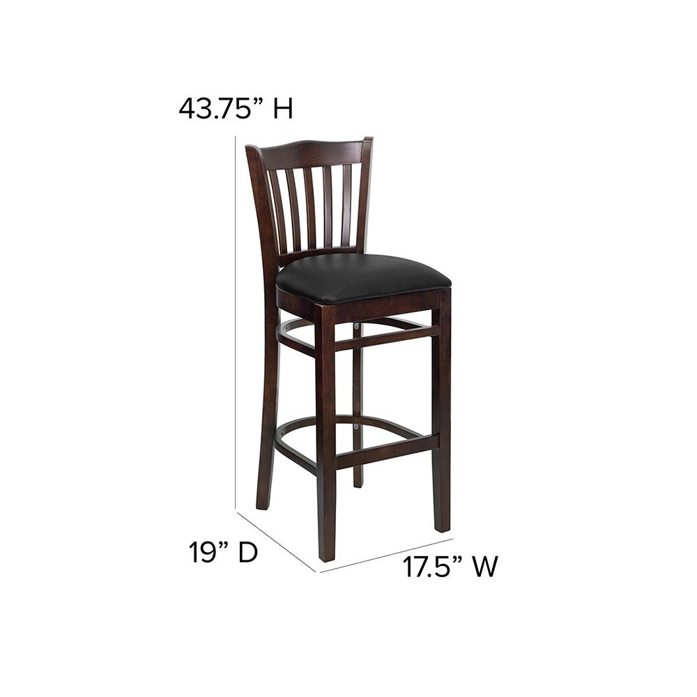 Vertical Slat Back Walnut Wood Restaurant Barstool - Black Vinyl Seat
