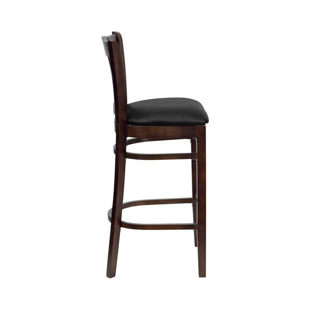 Vertical Slat Back Walnut Wood Restaurant Barstool - Black Vinyl Seat