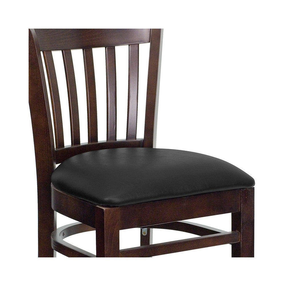Vertical Slat Back Walnut Wood Restaurant Barstool - Black Vinyl Seat
