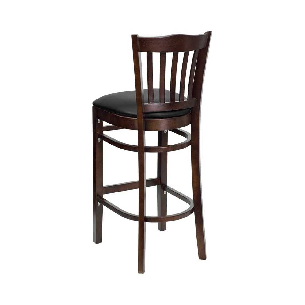 Vertical Slat Back Walnut Wood Restaurant Barstool - Black Vinyl Seat