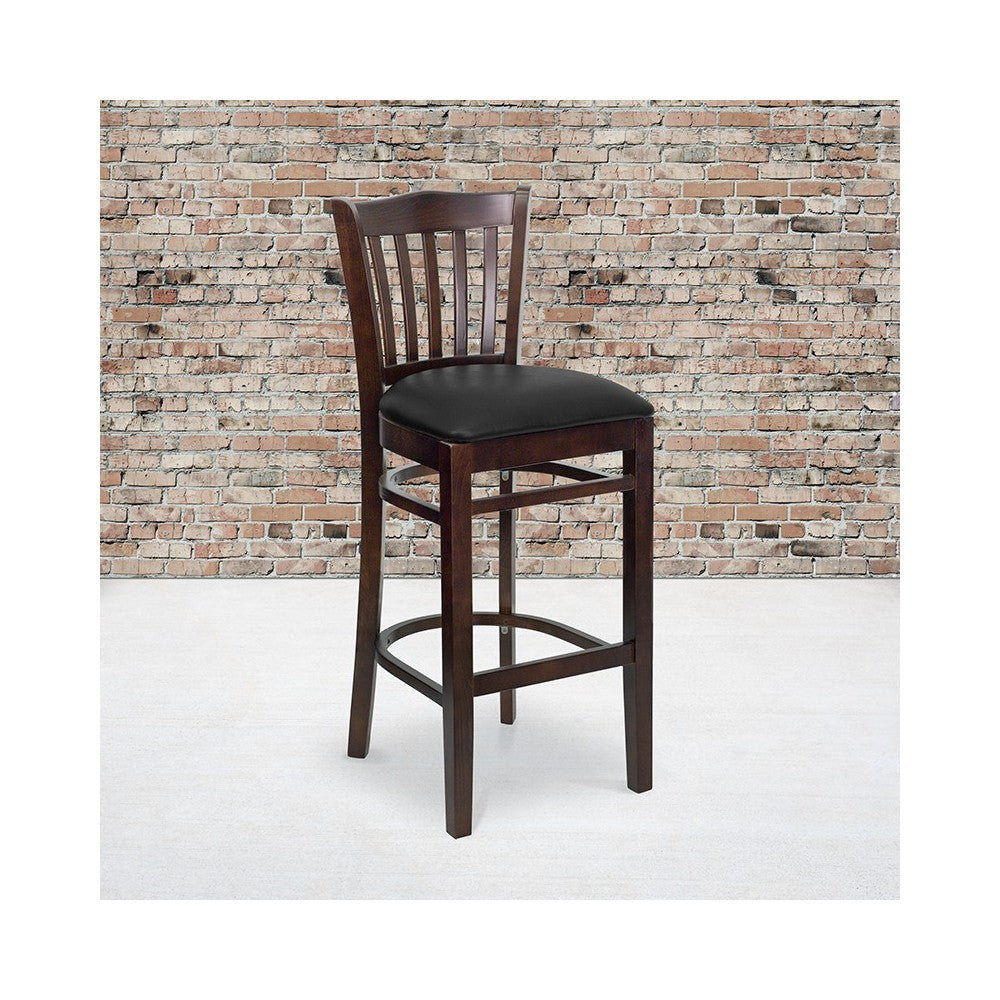 Vertical Slat Back Walnut Wood Restaurant Barstool - Black Vinyl Seat