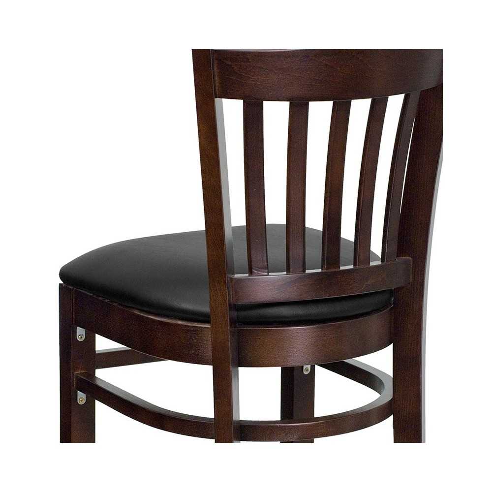 Vertical Slat Back Walnut Wood Restaurant Barstool - Black Vinyl Seat