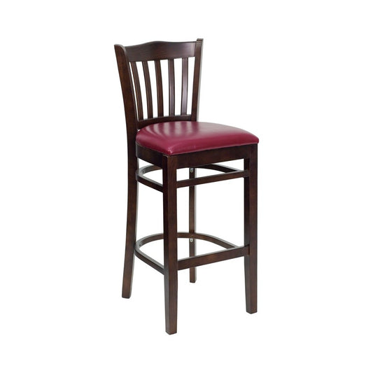 Vertical Slat Back Walnut Wood Restaurant Barstool - Burgundy Vinyl Seat