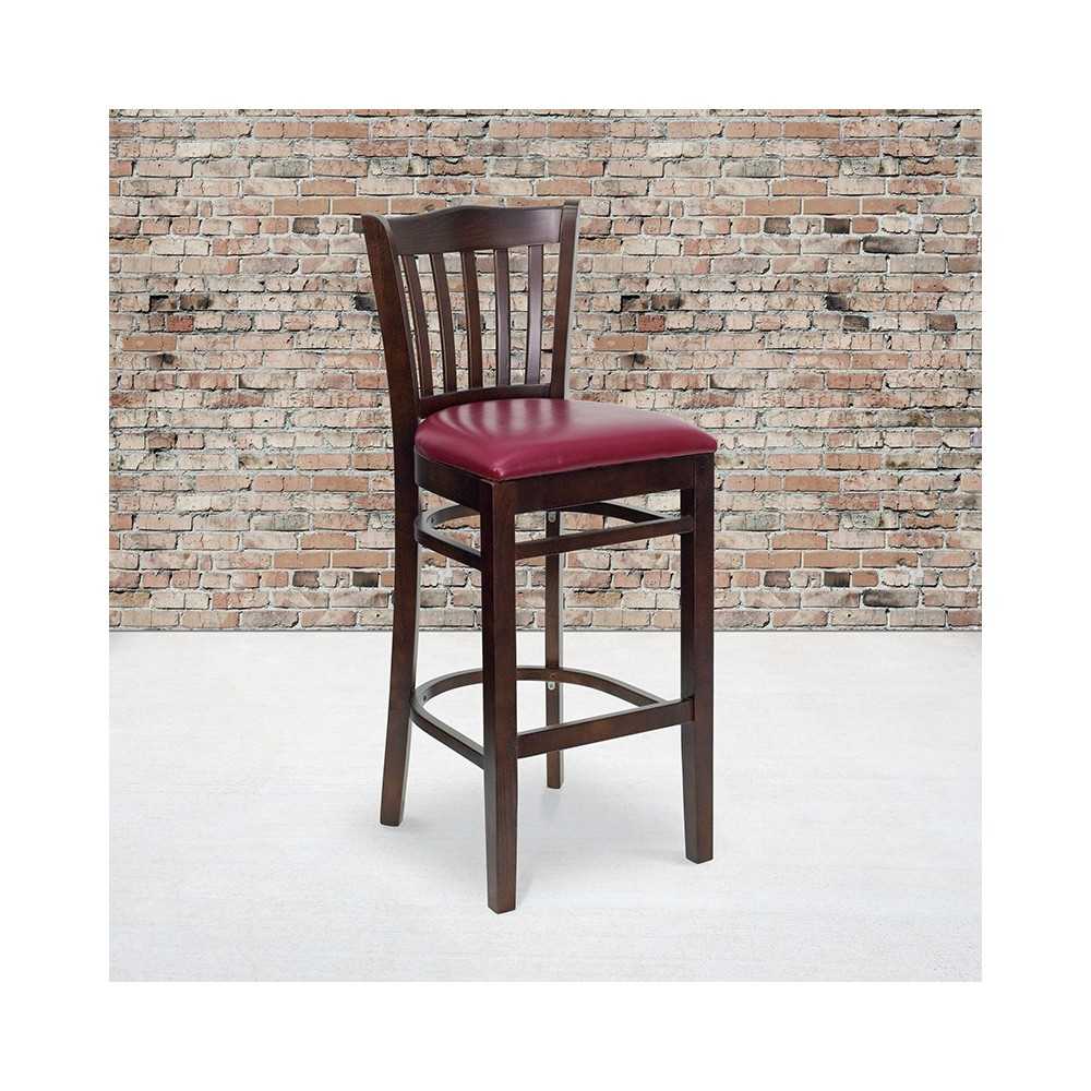 Vertical Slat Back Walnut Wood Restaurant Barstool - Burgundy Vinyl Seat