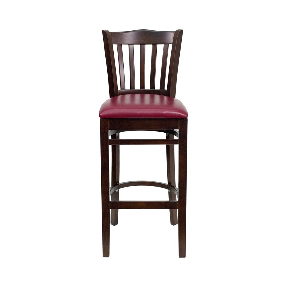 Vertical Slat Back Walnut Wood Restaurant Barstool - Burgundy Vinyl Seat