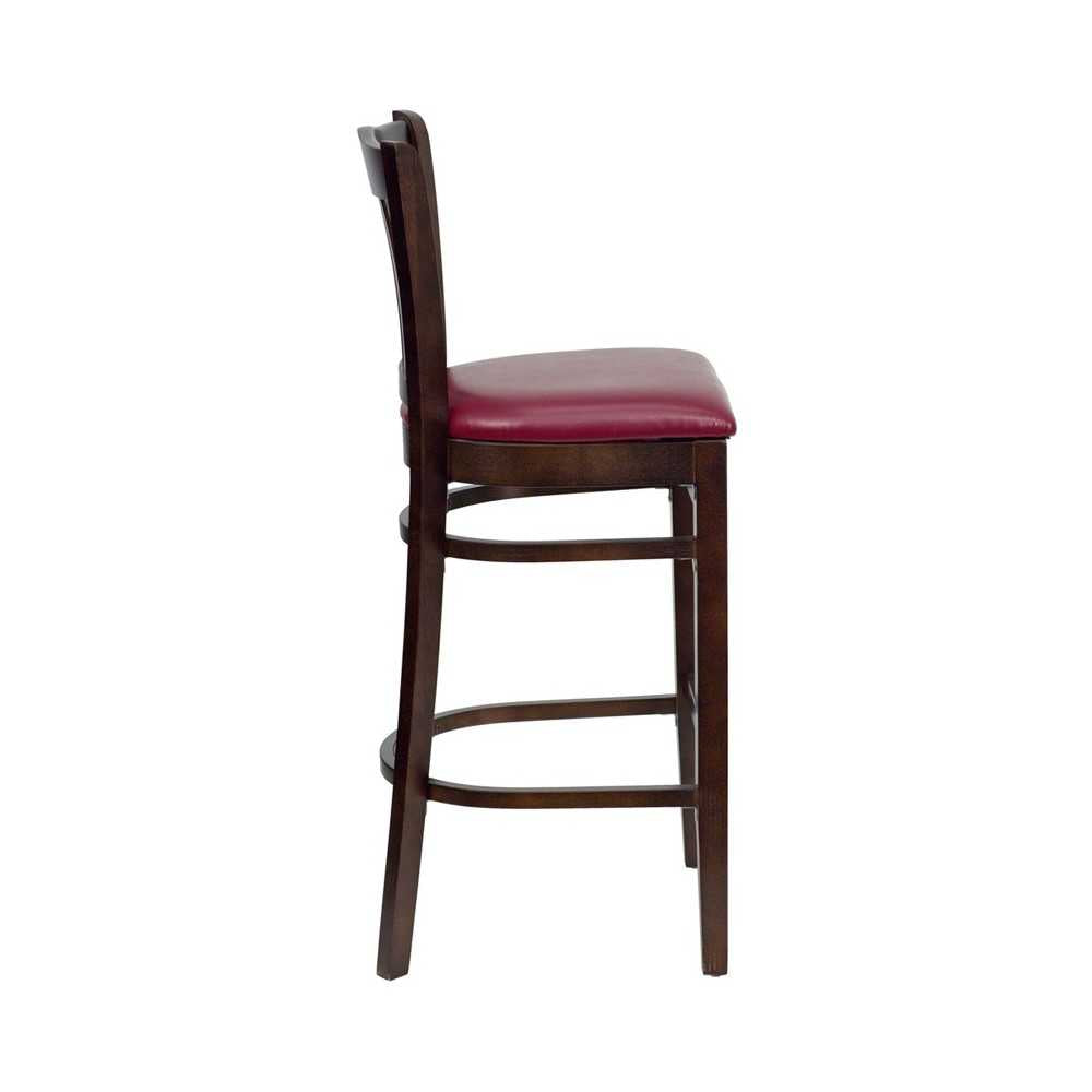 Vertical Slat Back Walnut Wood Restaurant Barstool - Burgundy Vinyl Seat