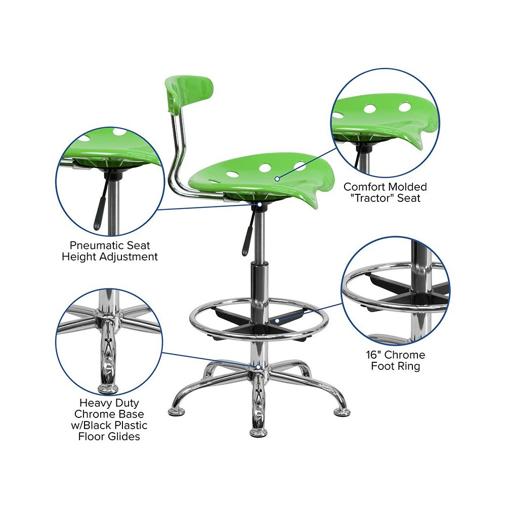 Vibrant Apple Green and Chrome Drafting Stool with Tractor Seat