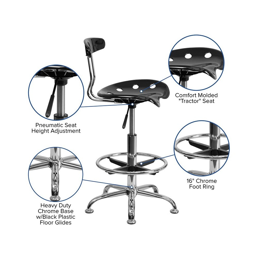 Vibrant Black and Chrome Drafting Stool with Tractor Seat