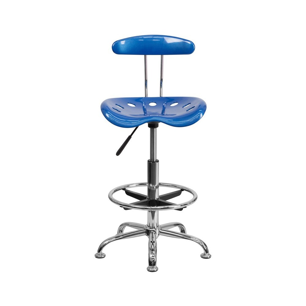 Vibrant Bright Blue and Chrome Drafting Stool with Tractor Seat