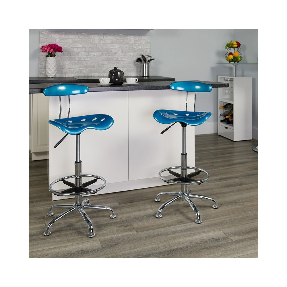 Vibrant Bright Blue and Chrome Drafting Stool with Tractor Seat