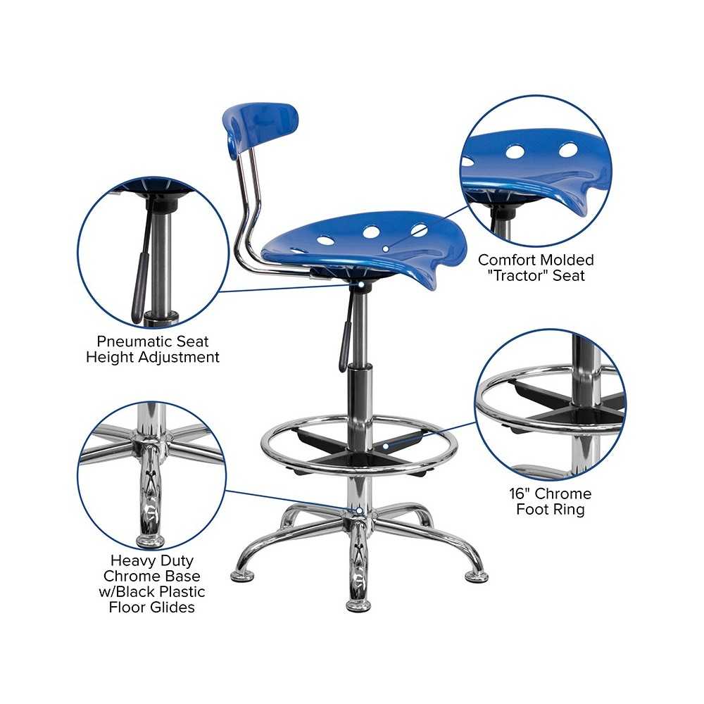 Vibrant Bright Blue and Chrome Drafting Stool with Tractor Seat