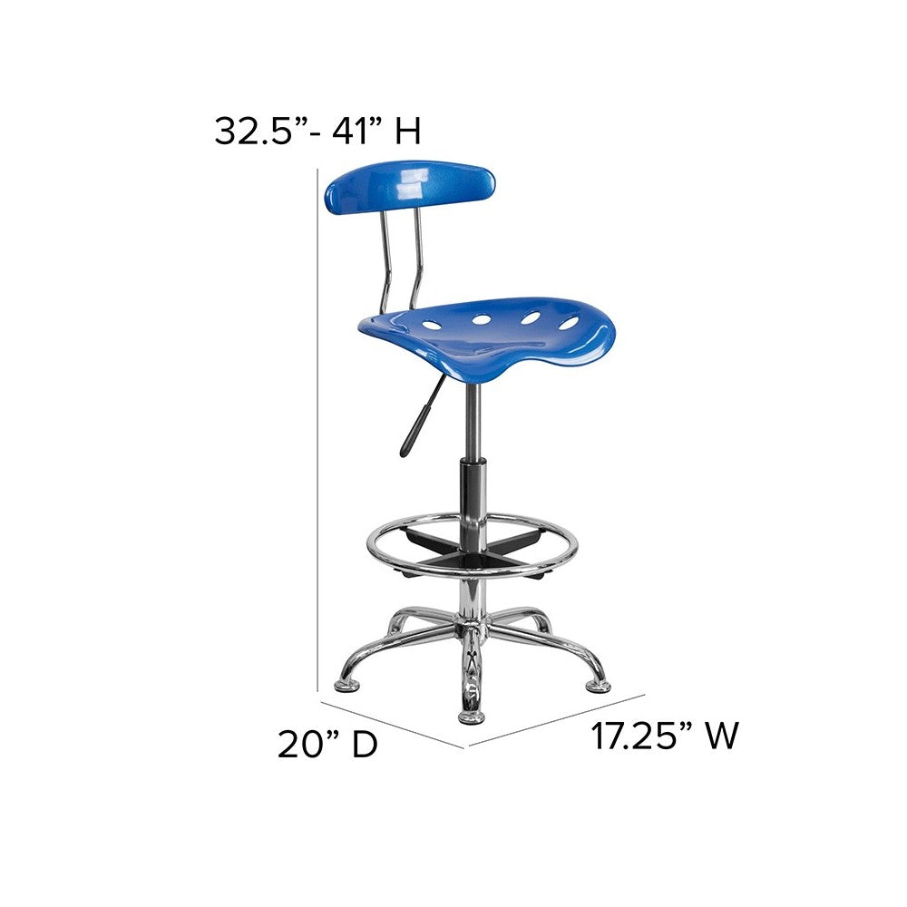 Vibrant Bright Blue and Chrome Drafting Stool with Tractor Seat