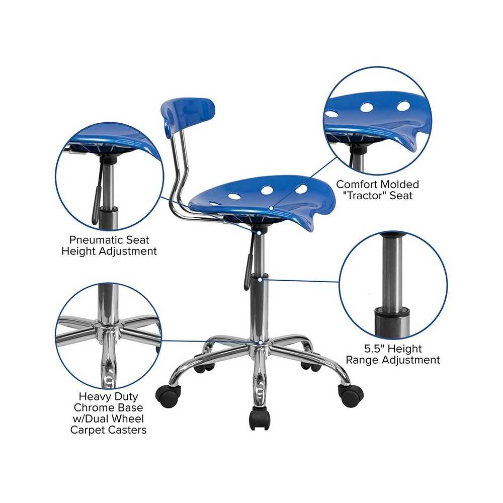 Vibrant Bright Blue and Chrome Swivel Task Office Chair with Tractor Seat