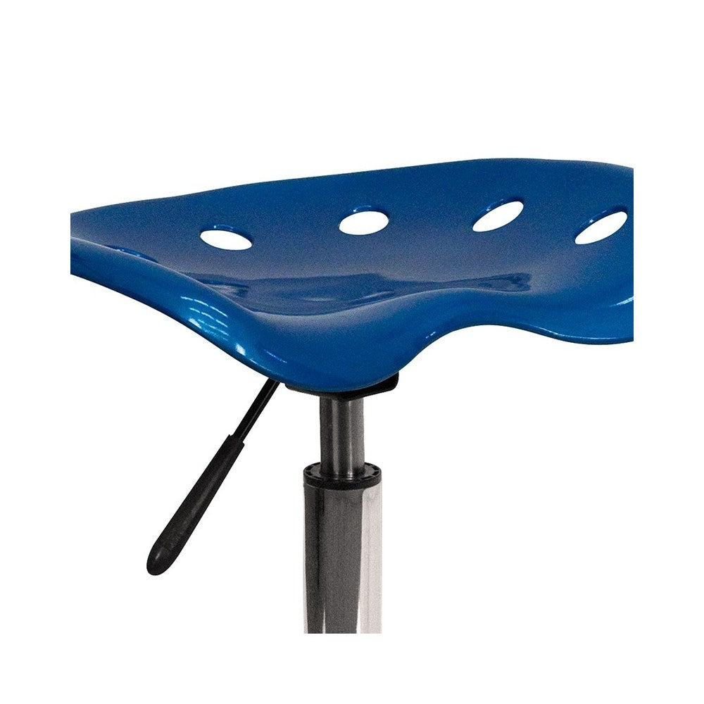 Vibrant Bright Blue Tractor Seat and Chrome Stool